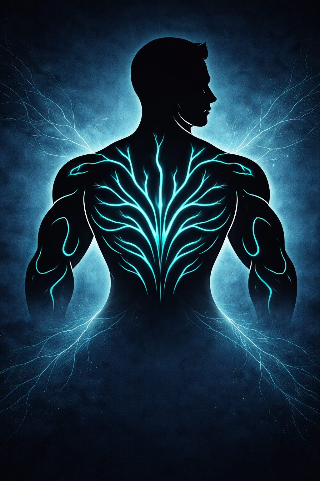 Muscular back with glowing cyan nerve lines